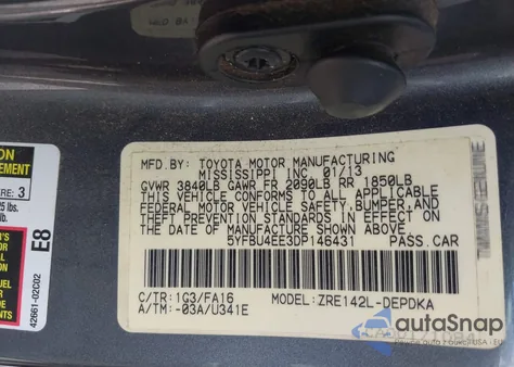 2013 Toyota Corolla L from USA, damaged, VIN 5YFBU4EE3DP146431